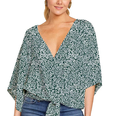 V-Neck Shirt Floral Printed Top Short Sleeve Knotted Print Clothing