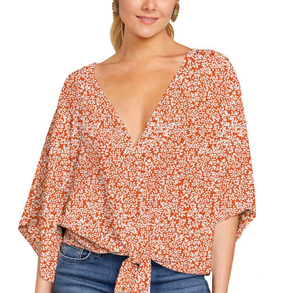 V-Neck Shirt Floral Printed Top Short Sleeve Knotted Print Clothing